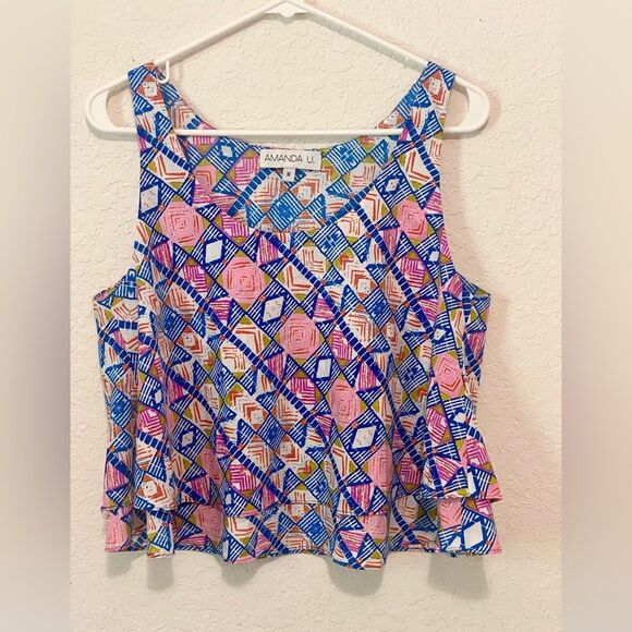 Amanda Uprichard `100% Silk Tiered Sleeveless Geometric Pattern Top Size Medium - Picture 1 of 8